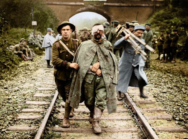 Generation Shellshock: survivors of the catastrophe which causes Britain’s greatest military loss of life are left traumatized “A Boche prisoner, wounded and muddy, coming in on the 13th.”Photographed by unknown probably on November 13th, 1916, image courtesy of the National Library of Scotland. Colourised by Tom Marshall