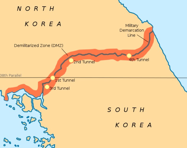 The Korean Peninsula first divided along the 38th parallel. By Rishabh Tatiraju – CC BY-SA 3.0