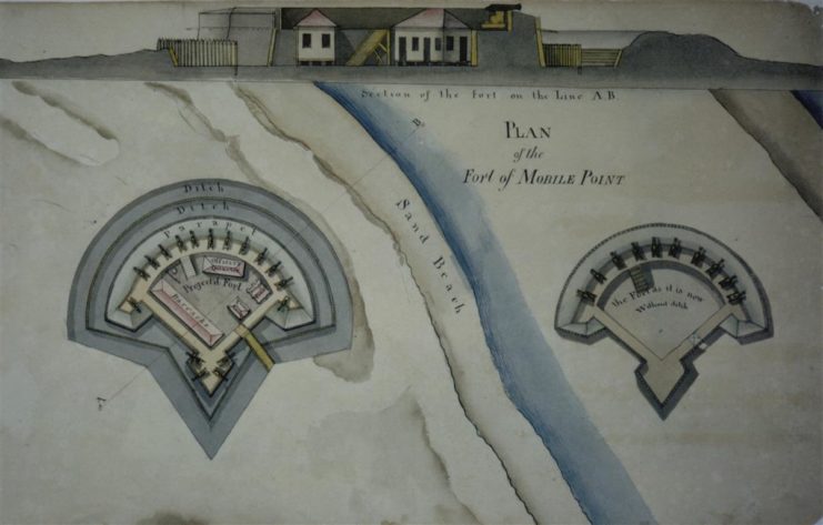 Water color comparing the ambitious plans of Fort Bowyer on Mobile Bay (left) in (what is now) Alabama, & the “as built” version of the structure (right). (courtesy of The Historic New Orleans Collection)