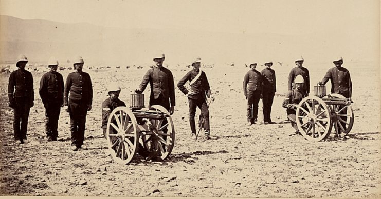 This picture from the Second Anglo-Afghan War (1878 to 1880) shows British soldiers with their Gatling guns.