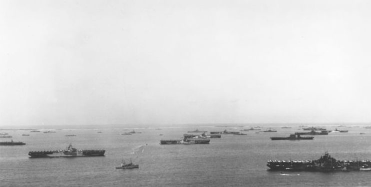 Ships of the U.S. Navy Pacific fleet anchored at Ulithi Atoll, Caroline Islands, circa 7-10 February 1945, just prior to the Iwo Jima operation. The aircraft carrier USS Saratoga (CV-3) is in the right middle distance. There are at least eight Essex-class carriers present.