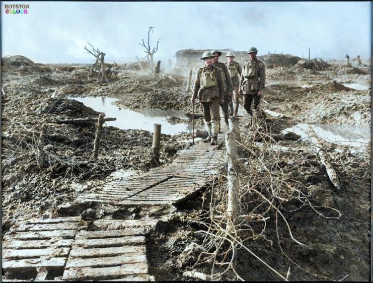 Four Australian soldiers at Chateau Wood near Retaliation Farm, walking over duckboards in the waterlogged fields to Zonnebeke, Flanders, Belgium.