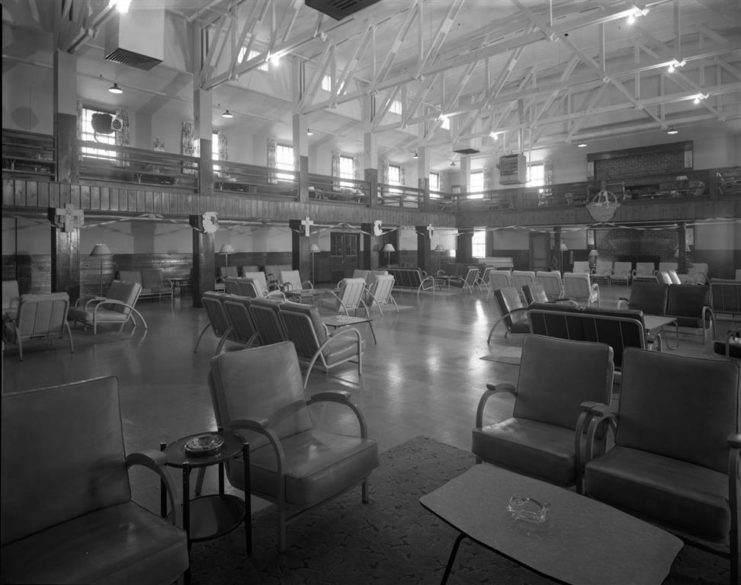 Mountain View Officers’ Club Dance Hall looking toward fireplace, set up for lounge space as Service Club, 1958. U.S. Army Photo courtesy of Fort Huachuca Museum Archives.