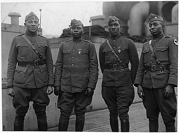 Officers of the American 366th Infantry Regiment returning home from the hell on earth that was World War I service. Nearly a hundred years on from their experiences, the US Army is now proud to call itself “the most colorblind organization in the world.”