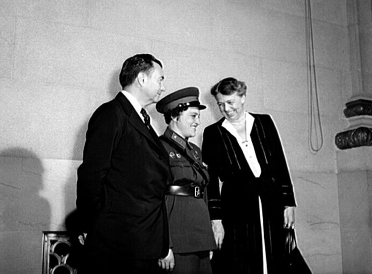 Supreme Court Justice Robert Jackson, Hero of the Soviet Union Maj. Lyudmila Pavlichenko, and Eleanor Roosevelt during Pavlichenko’s visit to Washington, D.C., ca. 1942. Pavlichenko was the top woman sniper of all time, with 309 confirmed kills, and the first Soviet citizen welcomed to the White House. Library of Congress photo