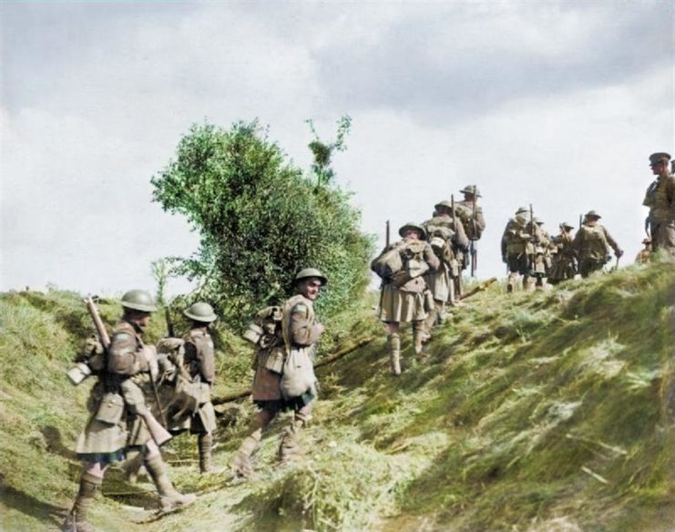 Canadian Scottish at Canal du Nord Sept 1918. Photo colourised by Royston Leonard / mediadrumworld.com
