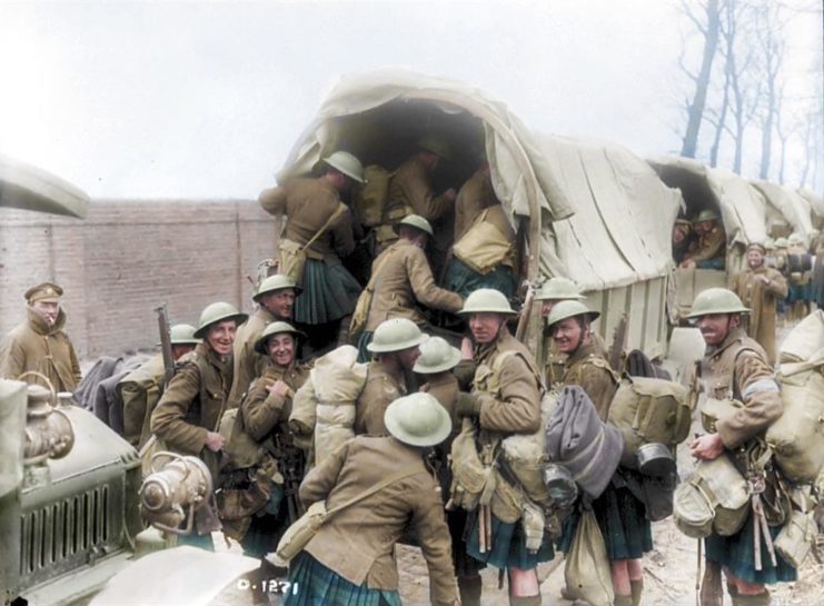 Canadian Scottish Regiment moving on trucks to the Battle Of Vimy Ridge, 1917. Photo colourised by Royston Leonard / mediadrumworld.com
