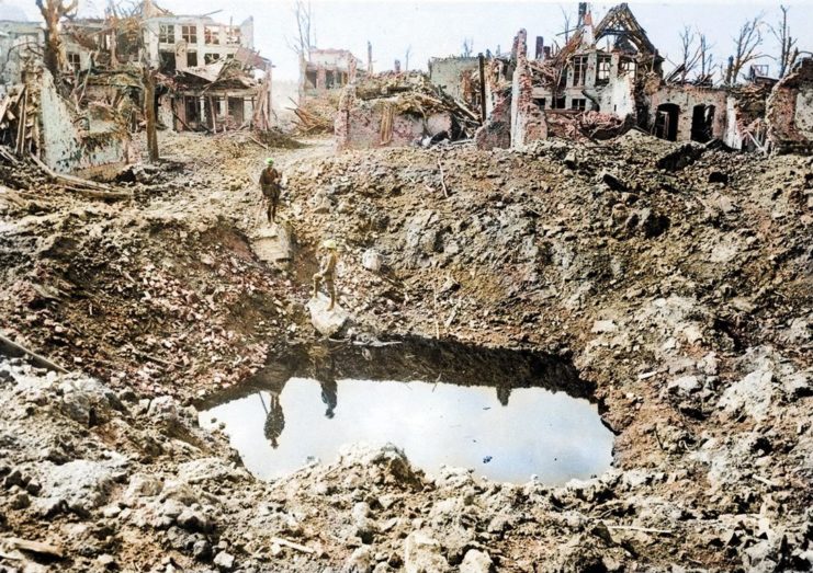 A 75 metre shell crater in Ypres. Photo colourised by Royston Leonard / mediadrumworld.com