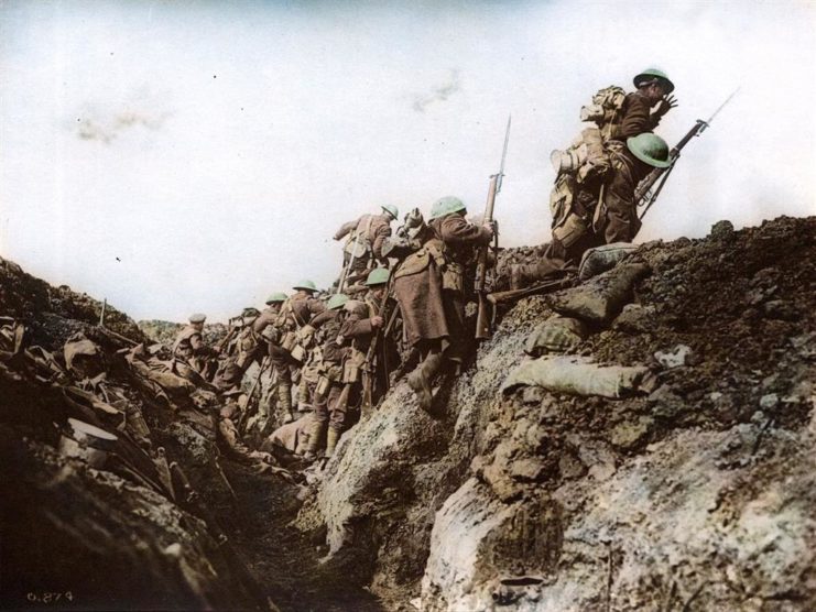 Troops supposedly “going over the top” at the start of the Battle of the Somme in 1916. Photo colourised by Royston Leonard / mediadrumworld.com