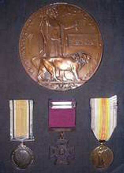 Wain’s two First World War service medals and his Memorial Plaque or ‘dead man’s penny’ given to the families of the fallen.