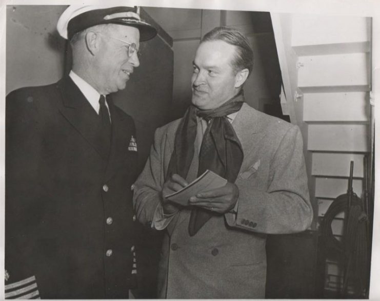 Corona Naval Hospital Commanding Medical Officer Capt. J.W. Vann visits with Bop Hope Dec. 23, 1947, during a broadcast of Hope’s radio show. By Naval Surface Warfare Center Corona – CC BY-NC-ND 2.0