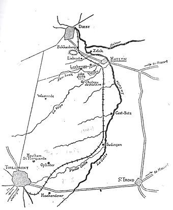 Belgian forces were deployed behind the Gete river, indicated by the thick black line on this map.