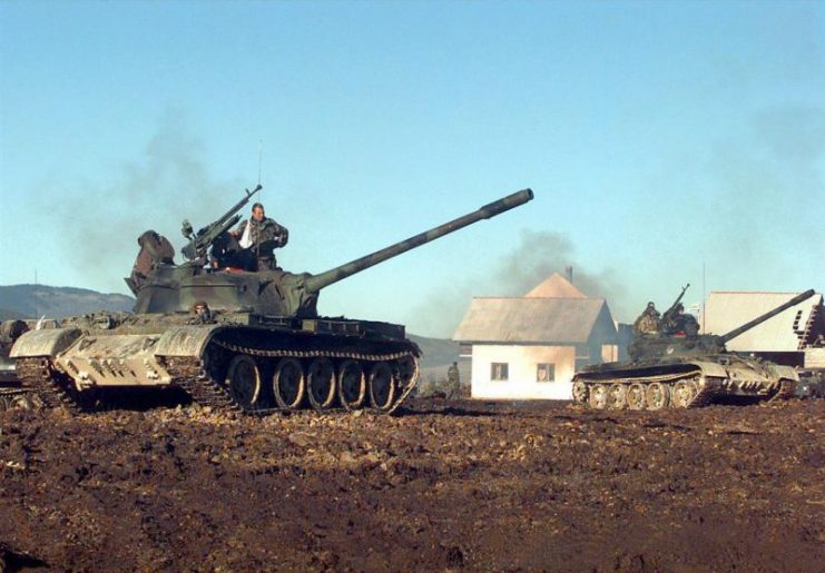 Two Croatian Defense Council (HVO) Army T-55 Main Battle Tanks pull into firing position during a three day exercise held at the Barbara Range in Glamoc, Bosnia and Herzegovina.