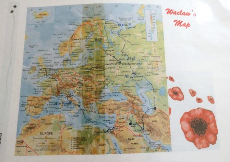 The map detailing Waclaw’s journey which he drew in 1991 with a letter; Photo credit: Irena Kossakowski
