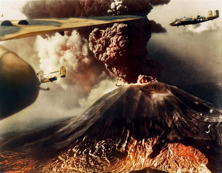 North American B-25s fly past Mount Vesuvius which erupted on the 18th march 1944 destroying the village San Sebasriano & San Giorg killing 57. Mario Unger / mediadrumworld.com