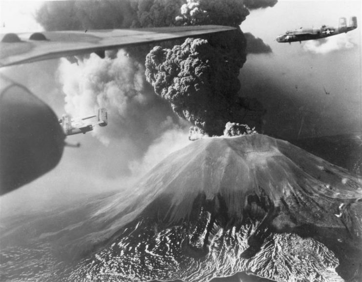 North American B-25s fly past Mount Vesuvius which erupted on the 18th march 1944 destroying the village San Sebasriano & San Giorg killing 57. Mario Unger / mediadrumworld.com
