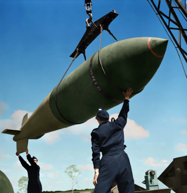 Tall Boy bomb – A 12,000-lb MC deep-penetration bomb (Bomber Command executive codeword ‘Tallboy’) is hoisted from the bomb dump to its carrier. Paul Reynolds / mediadrumworld.com