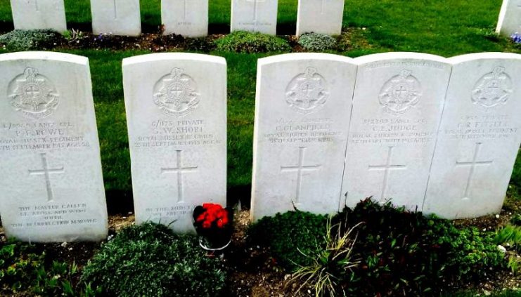He is still in the company of the four chaps he was originally buried with out on the field of battle.