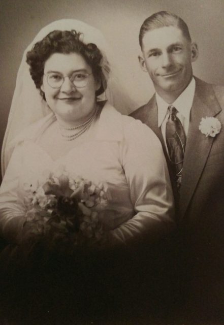 August Rockelman is pictured with his wife, Dorothy, in their wedding photograph from October 16, 1952. Courtesy of Dorothy Rockelman