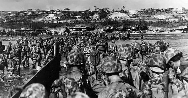 Marines pour onto the beaches of Okinawa, April 1, 1945.