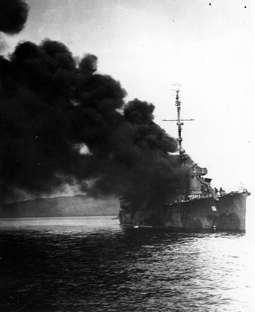 USS Ward, after being hit by a kamikaze, on 7 December 1944.