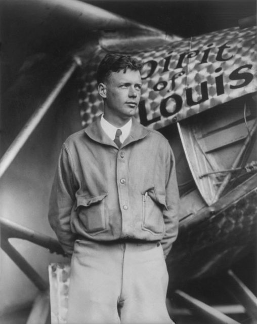 Lindbergh with the Spirit of St. Louis before his Paris flight.