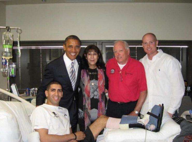 Groberg with President Obama, his parents Klara and Larry Groberg, and friend, Matthew Sanders, on September 11, 2012 at Walter Reed National Medical Center.