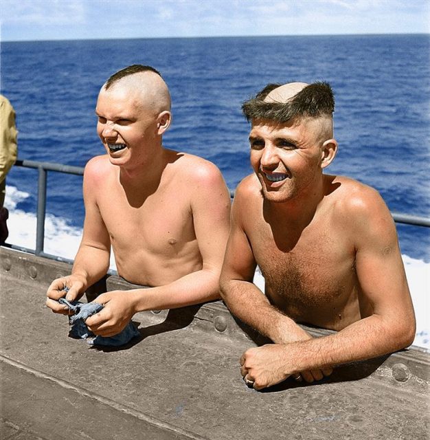 Sailors who had heads clipped in bizarre designs during Neptune party aboard the USS Saratoga Feb 1944. Paul Reynolds / mediadrumworld.com
