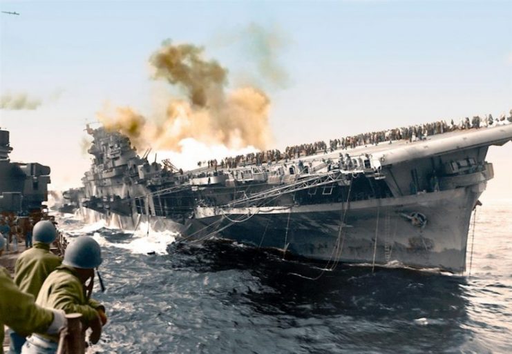 Aircraft carrier USS Franklin attacked during World War II, March 19, 1945. Paul Reynolds / mediadrumworld.com