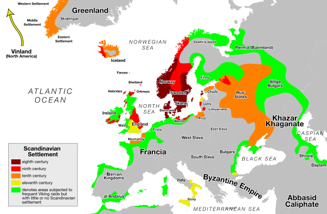 Viking expansion in Europe between the 8th and 11th centuries: the yellow color corresponds to the expansion of the Normans, only partly descending from the Vikings;