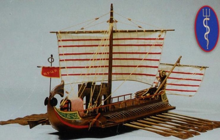 Bireme Warship with Square Main Sail and foresail into the Wind.