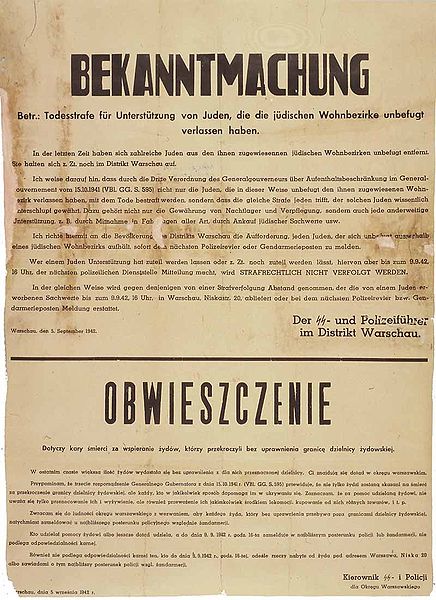 A General Notice issued on 5 September 1942 in German and Polish threatening death to any who helped Jews