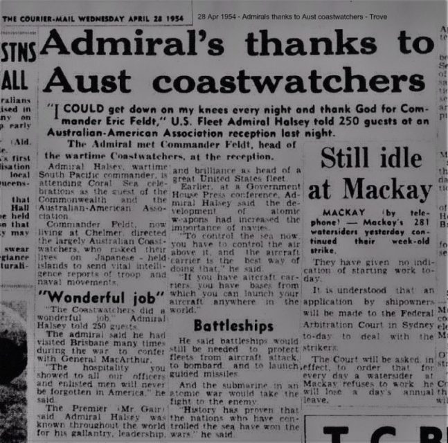 Admiral Halsey thanks the coastwatchers. Photo: The Courier-Mail, Brisbane, 28 April 1954.