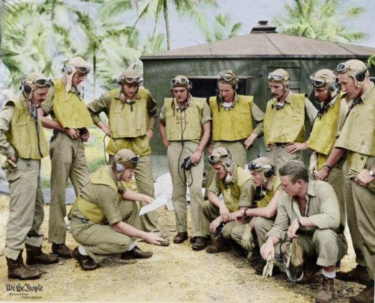 Pappy briefing his men ahead of the October 17, 1943 attack on Kahili airdrome. Craig Kelsay / mediadrumworld.com