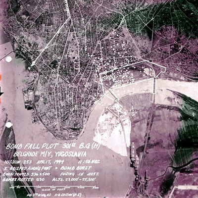 United States Army Air Corp (USAAC) Aerial photo of the damaged done on Belgrade after a bombing operation. Source: Aerial Photographs, compiled 1935–1970; Records of the Defense Intelligence Agency, Record Group 393; National Archives at College Park, College Park, MD.
