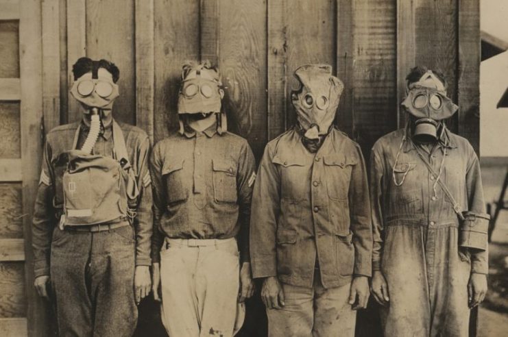 Types of Gas Masks tested by the U.S. in WWI; left to right American – French – British – German. Photo credits: The National WWI Museum and Memorial