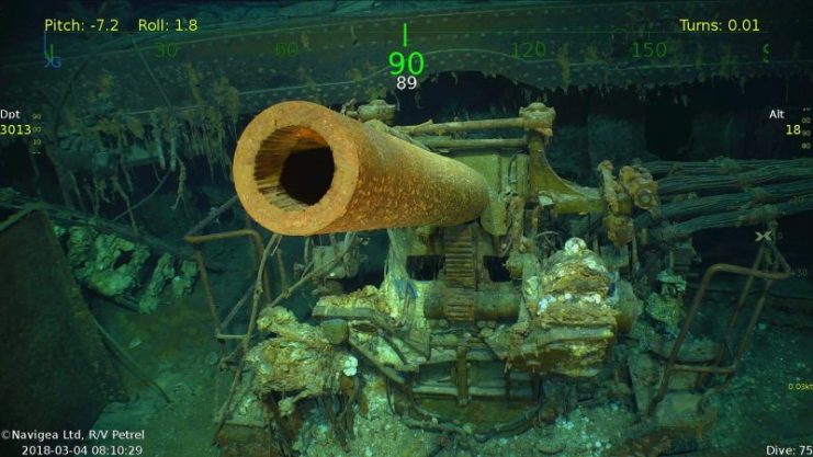 Wreckage from the USS Lexington (CV-2) Located in the Coral Sea 76 Years after the Aircraft Carrier was Sunk During World War II – 5-inch gun.