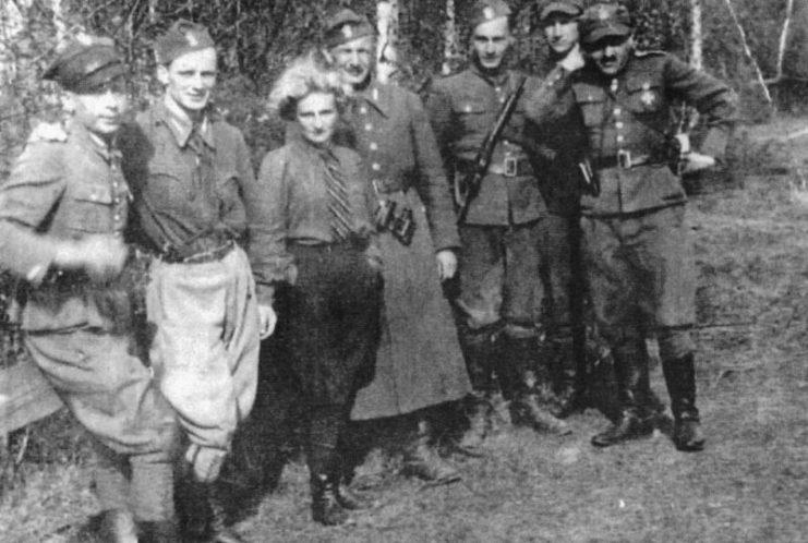 Soldiers of the 34th Infantry Regiment of the Polish Home Army: L-R: Jaskółka, Zezowaty, Maria (Rogala’s wife), Rogala, Zdzisław, Gozdawa, Kmicic