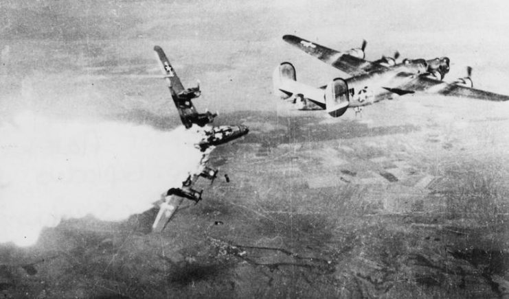 Lt. Col. Lokker’s aircraft exploding over the Blechhammer South.