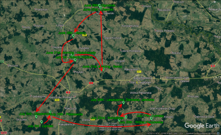 Map of movements of the partisan unit between June 21st and July 27th, 1944.