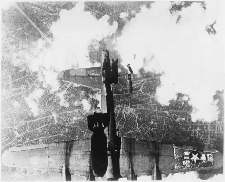 USAAF B-17 damaged by mis-timed bomb release over Berlin, 19 May 1944.