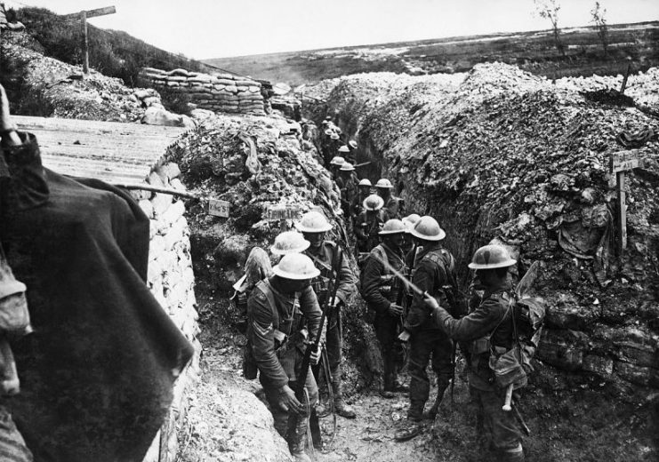 1st Lancashire Fusiliers, in communication trench near Beaumont Hamel, Somme, 1916. Photo by Ernest Brooks.