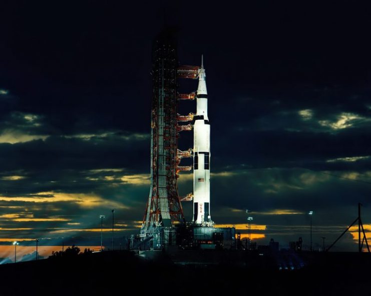 Apollo 17 Saturn V rocket on Pad 39-A at dusk. This was the last human flight to the moon.