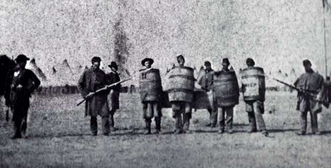 Punishment with “Barrel Shirts” during the U.S. Civil War; date and location unknown.