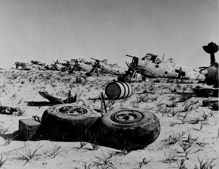 Wrecks of about eight German Messerschmitt Bf 109 fighters in North Africa, circa 1942