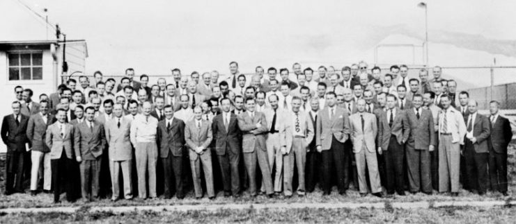 A group of 104 rocket scientists, including Wernher bon Braun, (aerospace engineers) at Fort Bliss, Texas