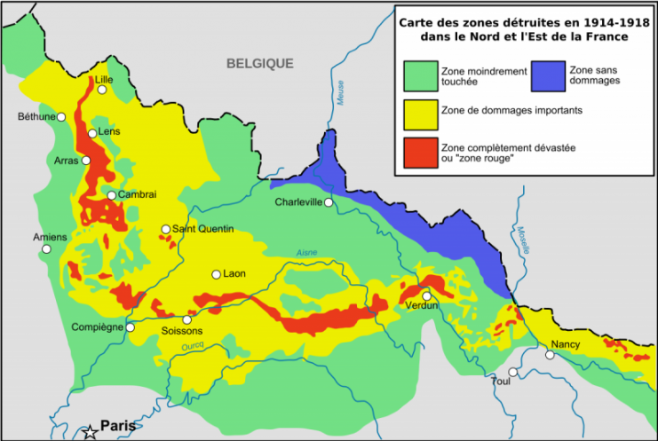 Map showing condition immediately following the war: totally destroyed areas in red, areas of major damage in yellow and moderately damaged areas in green. Picture: Tinodela / CC BY-SA 2.5