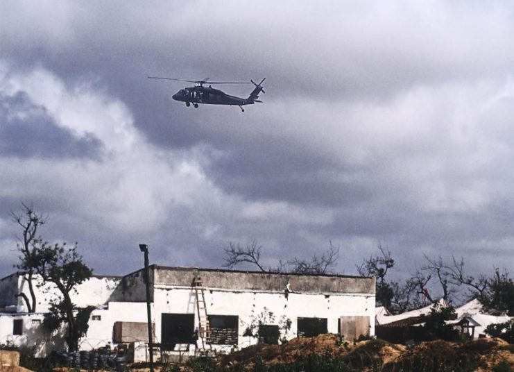 A Black Hawk over Mogadishu during the battle