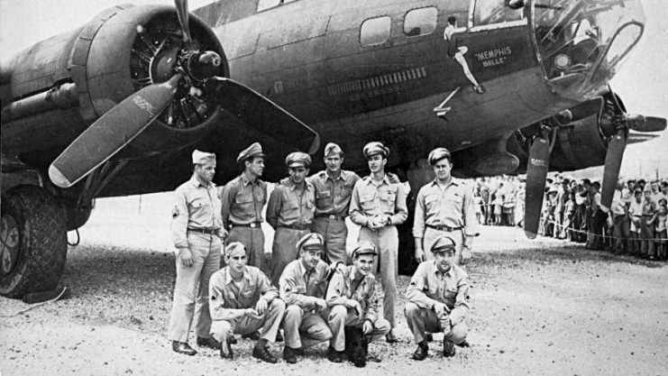 This 1943 file photo shows the crew of the Memphis Belle, a Flying Fortress B-17F, poses in front of their plane in Asheville