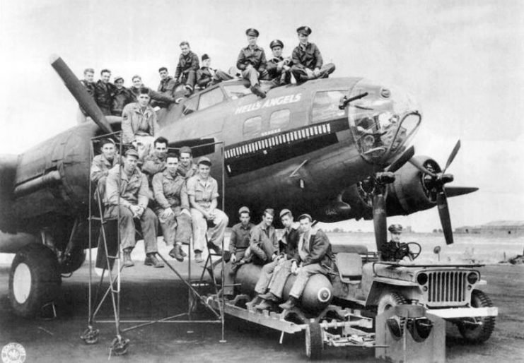 B-17F named Hell’s Angels after the 1930 Howard Hughes movie about World War I fighter pilots. Assigned to the 358th Bombardment Squadron.